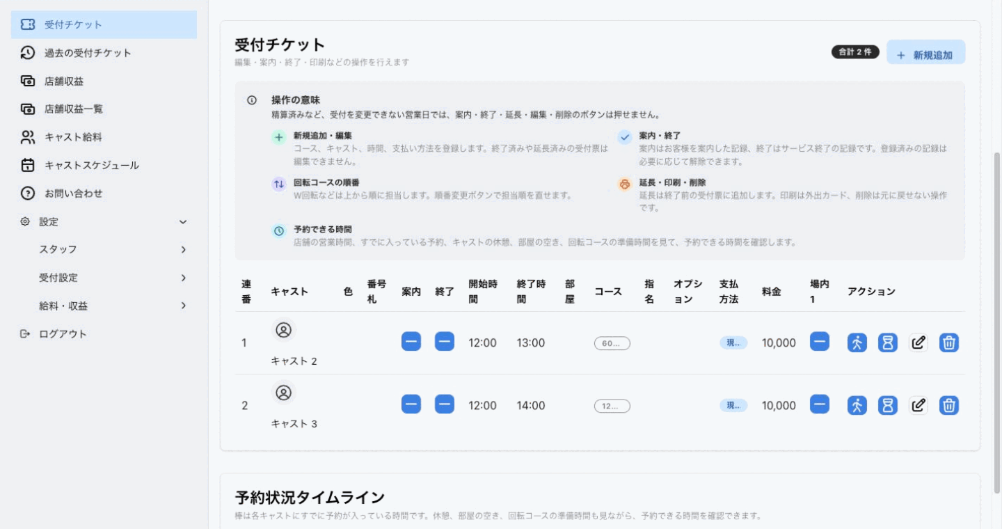 2件の受付票と予約状況タイムラインを表示したMiseukeの受付チケット管理画面